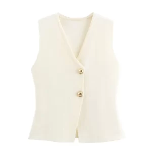 Ladies With Gold Button Slim Fit Knit Waistcoat Women Vest Tank Vintage V-neck Sleeveless Button-Up Female Waistcoat Chic Tops
