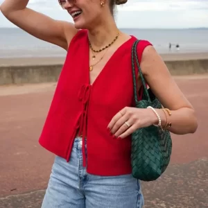 Casual Knitted Lace Up Sweater Vest Women Tops Sleeveless Deep V-neck Hollow Out Female Top Fashion All-match Loose Lady Vests