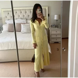 Chic Knitted Maxi Dress For Women Elegant Long Sleeve Hollow Out Long Dresses Female Turn-down Collar Sweater Knitwear Dresses
