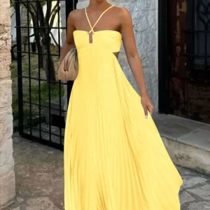 2025 High Waist Pleated Maxi Dress Women Sleeveless Backless Holiday Dress Summer Sexy Halter Hollow Off Shoulder Party Dresses