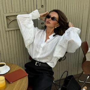 Oversized White Shirts Women Lantern Long Sleeve V-Neck Blouse Tops 2025 New Autumn Basic Tops Cotton Chic Shirt for Women