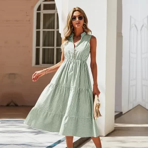 Ladies Vintage Boho Summer Dress Women Sleeveless Casual Holiday Striped Shirt Dress Women Sundress Outfits Female Robe Vestidos