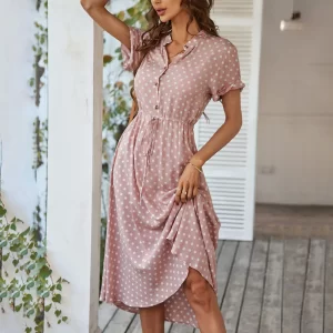 Ladies Polka Dot Print Shirt Dress Women Casual Midi Holiday Summer Dress Female Loose Women Beach Dress Sundress Robe Vestidos