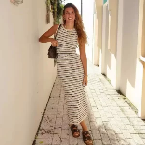 Ladies Striped See-Through Long Summer Dress Women Elegant Sleeveless High Waist Patchwork Maxi Knit Beach Dress Outfits Female