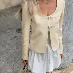 Women Chic Tweed U-Neck Cardigan With Pocket Short Coat Single Breasted Crop Jackets Female Autumn Long Sleeved Outwear Coats