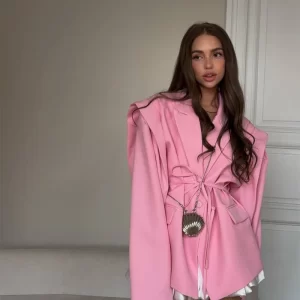 Floral Printed Blazer Jacket Women Fashion Lapel Long Sleeve Lace Up Waist Coats 2025 Autumn Lady Shoulder Pads Outerwear Blazer