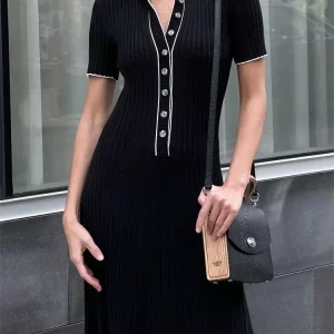 Ladies New White Fashion Knitted Dress Women Short Sleeve Patchwork Elegant Party Dress Lapel High Waist Knitwear Women Dresses