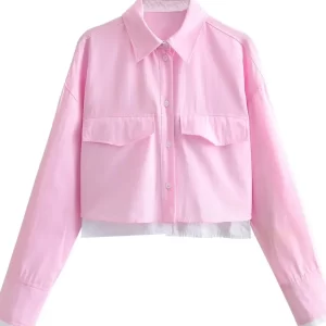 Ladies Fashion Crop Oxford Blouse Shirt Women High Street Lapel Long Sleeve Pocket Chic Office Outfits Top Shirt Blusas Female