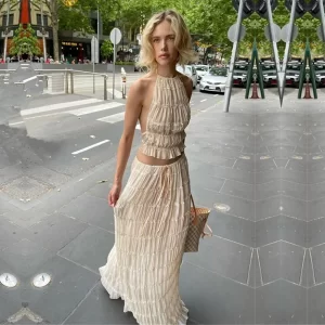 Halter Neck Long Skirt Suit Women Summer Party Beach Backless Sling Top + Lace Up Fold Maxi Skirts 2 Piece Set Female Outfits